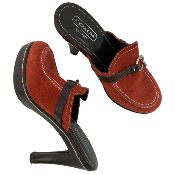 Coach Cleo Red Suede High Heel Mule Shoe Size 6.5M Platform 7938 Buckle Italy - Picture 1 of 9